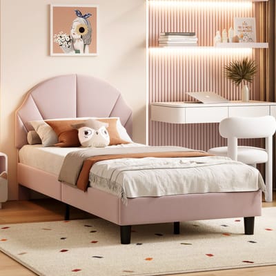 Eenpersoonsbed 90 x 200 cm, modern gestoffeerd bed met fluwelen bekleding, in hoogte verstelbaar hoofdbord en lattenbodem, matras niet inbegrepen