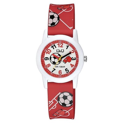 Q&Q V22A-010VY - Horloge - Sport - Analoog - Kinderen - Unisex - Plastic band - Rond - Kunststof - Cijfers - Voetbal - Rood - Wit - Zwart - 10 ATM