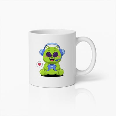 Schattige Alien Gamer Cartoon Mok – Leuk Koffiebeker Cadeau voor Ruimtegamefans