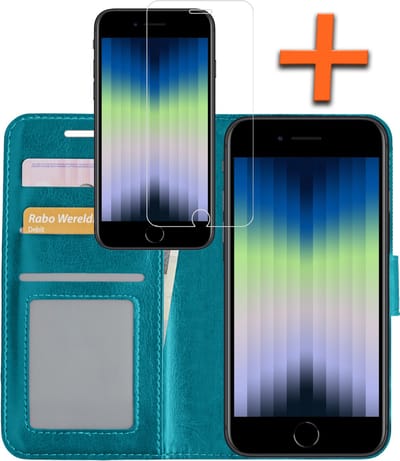 Hoes - Met Screenprotector - Geschikt voor Apple iPhone SE (2022) - Luxe Pasjeshouder - Bookcase Portemonee - Flip Case - Kunstleer Book Case - Flipcase - Book Cover - Walletcase - PortemonneeHoes - Turquoise