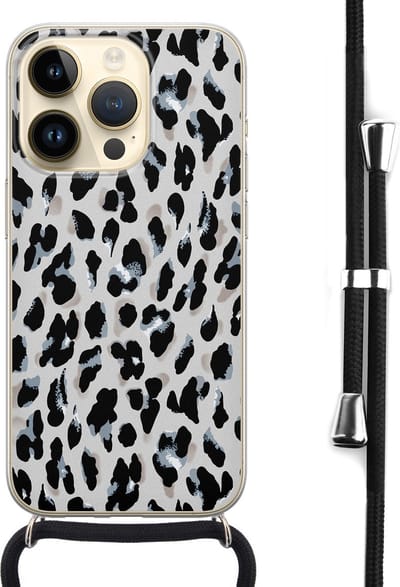 Hoesje met koord - Geschikt voor iPhone 14 Pro - Luipaard grijs - Verstelbaar zwart koord - Transparant, Grijs - Luipaardprint - Leuke Telefoonhoesjes