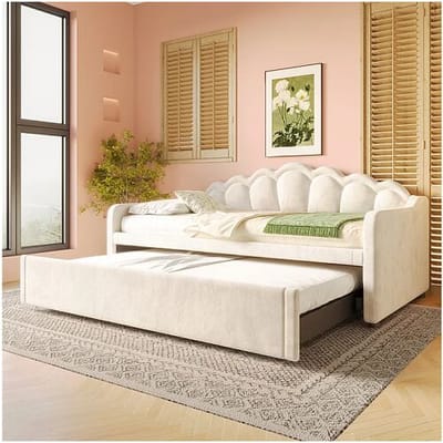 ModernLuxe Slaapbank 90x200/180x200 cm - met nestbed - met LED-verlichtingsstrip - fluweel - beige (matras niet inbegrepen)