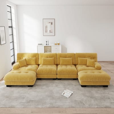 Intebiki Moderne Hoekbank - Grote U-vormige modulaire hoekbank - 406x145x81 cm - Vierzits - Chenille stof - Met verplaatsbare voetenbank - Geschikt voor woonkamers, appartementen en kantoren - Geel (4 zitplaatsen + 2 voetenbanken)