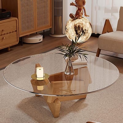 Ronde Salontafel - Koffietafel Woonkamer - Centrale Ontmoetingsplek - Gehard Glazen Blad - 80x41cm - Bruin Helder