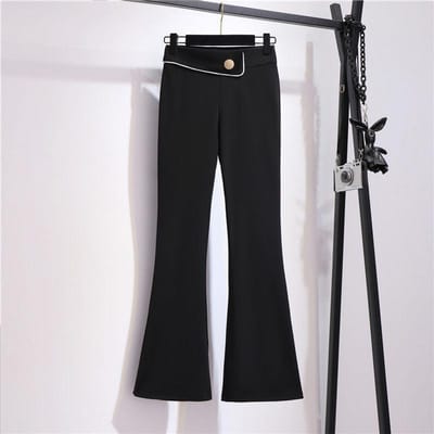 Pantalon drapé micro pour femme, slim, taille haute, vêtement d'extérieur, extensible, évasé, décontracté, noir S white