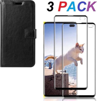 Bookcase hoesje Geschikt voor: Samsung Galaxy S10+ Portemonnee zwart met 2 stuks Glas Screen protector