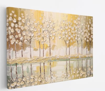 Saammp Canvas Schilderij - Abstract bos - Goud - Wit - Landschap - Natuur - 45x30 - Foto op canvas - Wanddecoratie - Muurdecoratie Woonkamer - Slaapkamer decoratie - Canvas Print