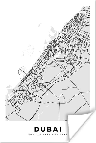 Poster Dubai - Stadskaart - Plattegrond - Zwart Wit - Kaart - 120x180 cm XXL