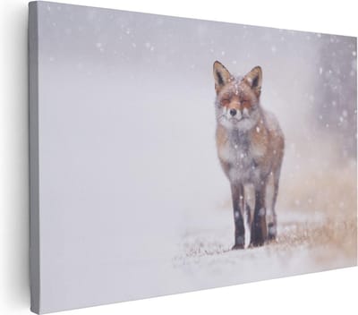 Artaza Canvas Schilderij Vos In Sneeuw - 30x20 cm - Klein - Wanddecoratie Dieren - Muurdecoratie Winterlandschap - Schilderijen Op Canvas