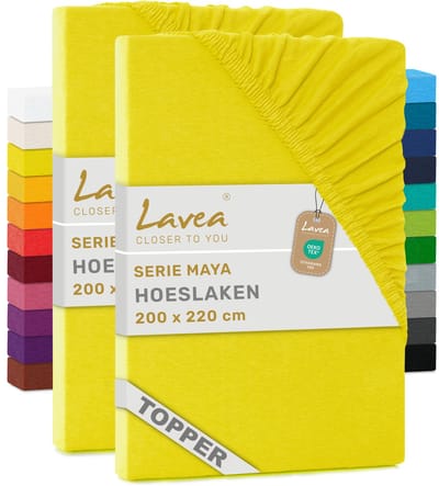 Lavea® Set van 2 Hoeslakens voor Topper 200x220 cm – Jersey 100% Katoen – voor Topmatras tot 10 cm – met Elastiek Rondom – Zonnegeel