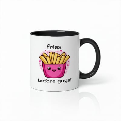 Grappige “Fries Before Guys” Mok – Zwart & Wit Keramische Koffiemok 330 ml – Schattig Cadeau voor Frietliefhebbers