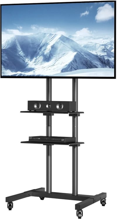 NordHaus Verrijdbare TV Standaard Zwart - TV Vloerstandaard - Mobiele TV Beugel - Dubbele Schappen & Wielen - 94-152 cm