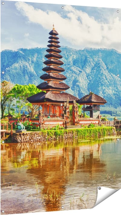 Gards Tuinposter Pura Tempel in Bali op het meer Beratan - 100x150 cm - Tuindoek - Tuindecoratie - Wanddecoratie buiten - Tuinschilderij