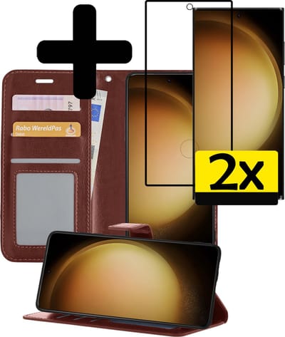 Hoesje - Met 2x Screenprotector - Geschikt voor Samsung Galaxy S23 Ultra - Luxe Pasjeshouder - Bookcase Portemonee - Flip Case - Kunstleer Book Case - Flipcase Hoes - Book Cover - Walletcase - Portemonneehoes - Telefoonhoesjes - Bruin