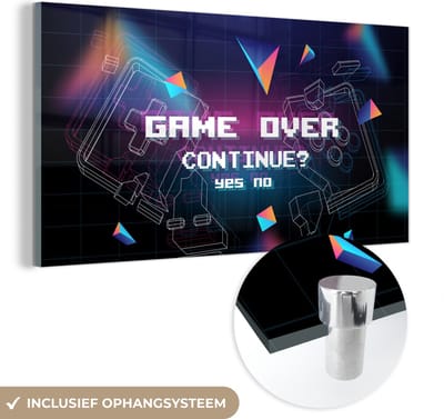 MuchoWow® Glasschilderij 160x80 cm - Schilderij acrylglas - Gaming - Arcade - Game Over - Zwart - Blauw - Gamen - Foto op glas - Schilderijen