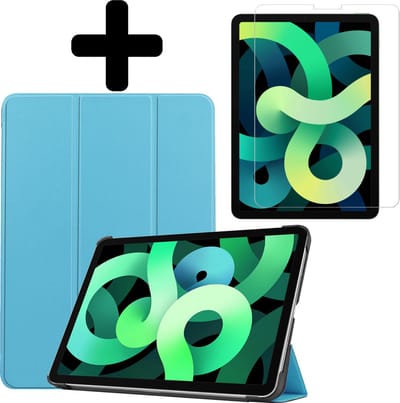Hoes - Geschikt voor Apple iPad Air 5 (2022) - 10.9 inch - 5e Generatie - M1 - Met Screenprotector - Trifold Bookcase - Hard Cover - Hardcover Book Case - Tablet Hoesje - Lichtblauw
