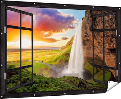 Gards Tuinposter Doorkijk Waterval in IJsland met Zonsondergang - 180x120 cm - Tuindoek - Tuindecoratie - Wanddecoratie buiten - Tuinschilderij