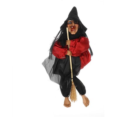 Halloween Hangende Heksenpoppen Stembediening Requisiet Geanimeerde Geest Eng Rijden op Bezem Muurhanger black