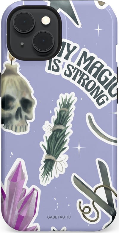 Casetastic hoesje geschikt voor Apple iPhone 15 - MagSafe - Dubbellaagse bescherming - Lila Paarse Hekserij Strong Magic Sterren Collage - Fashion Case - Lila Lichtgrijs Wit