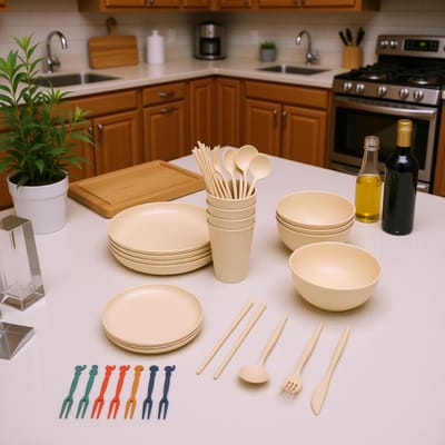 Ensembles de vaisselle Assiettes incassables Bols Tasses Réutilisables pour 4 personnes Voyage Camping Pique-nique Fête à la maison Ensemble de couverts Vaisselle Lavable au lave-vaisselle et au micro-ondes