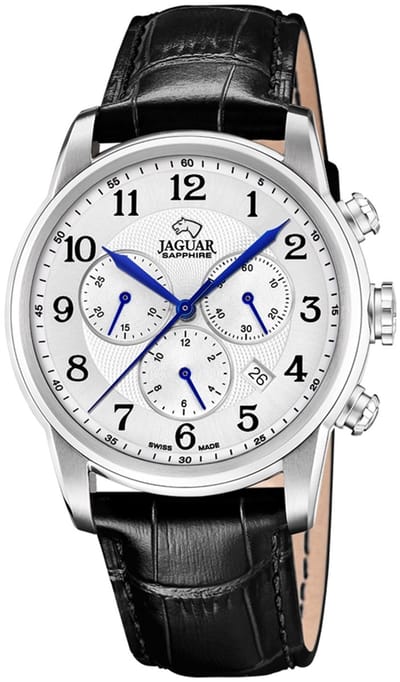 Jaguar J968/7 Heren Horloge - Chronograaf - Saffierglas - Roestvrijstaal/Leer - Zilverkleurig - Ø 42 mm - Quartz - Gesp - 5 ATM (douchen)