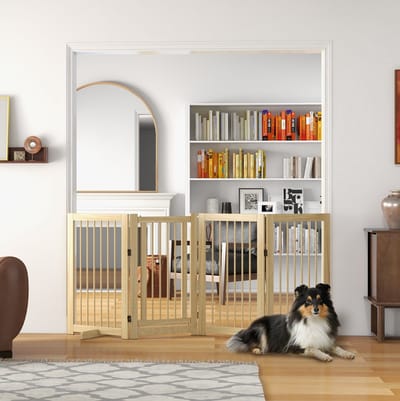 HAUSS SPOLE Hondenhek - 220 x 91 cm - Opvouwbaar Vrijstaand Ontwerp Met Deur - Massief Grenenhout - Naturel - Voor Deuropeningen En Trappen