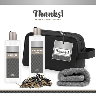 Geschenkset "Thanks! Je bent een topper" - 4 Producten - 450 Gram - Triomf Cosmetica | Toilettas Giftset voor hem Luxe cadeaubox man Douchegel Shampoo Vader Wellness Pakket Cadeau set Bedankt Thank You Broer Vriend Collega Zilver