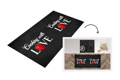 Keukenloper - Loper keuken - Tekst - Koken - Keuken - Paprika - Cooking with love - Liefde voor koken - Spreuken - 120x60 cm - Keukenloper vinyl