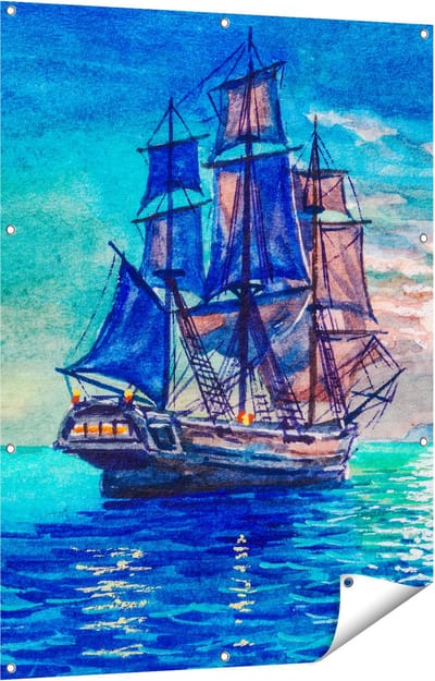 Gards Tuinposter Oude Piratenschip Zeilboot Getekend - 90x120 cm - Tuindoek - Tuindecoratie - Wanddecoratie buiten - Tuinschilderij