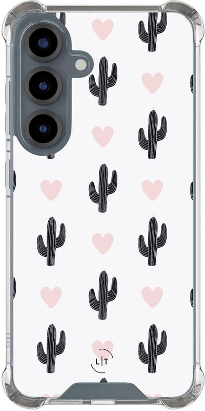 Shockproof hoesje - Geschikt voor Samsung Galaxy S25 - Cactus hartjes - Extra sterke case - TPU/polycarbonaat - Natuur - Wit, Transparant