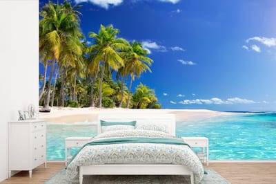 Behang - Fotobehang Strand - Zee - Palmboom - Zon - Zomer - Breedte 360 cm x hoogte 240 cm