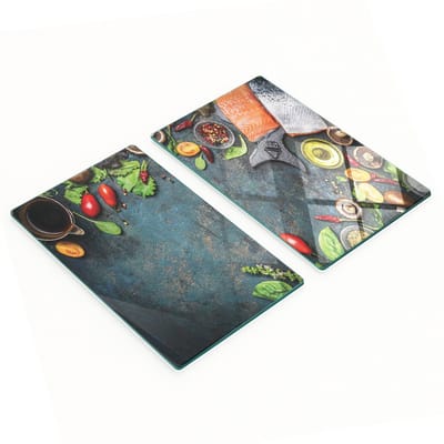 Set van twee decoratieve glazen keukenplanken met zalm- en groentemotief, 2x30x52 cm