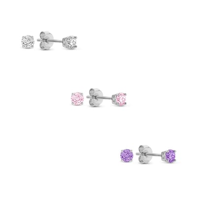 New Bling 9SIL-SET0024 Zilveren Zirkonia Oorknoppen Set 3mm Wit Roze Paars Earparty - Rhodium - Zilver