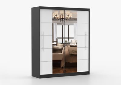 ​Kledingkast NICO III 203 cm - 2-deurs schuifdeurkast met spiegel en decoratieve lijsten - Garderobekast met ruime opbergruimte - Moderne kast voor slaapkamer en hal (Zwart + Wit)