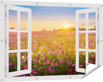 Gards Tuinposter Doorkijk Bloemenveld met Roze Kosmos - 120x80 cm - Tuindoek - Tuindecoratie - Wanddecoratie buiten - Tuinschilderij