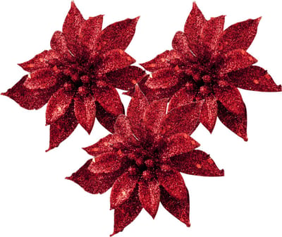 Cosy and Trendy kerstboomversiering bloemen op clip - 3x st - rood - 8 cm - glitters