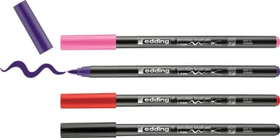 edding 4200 porselein stiften - zwart, rood, violet, roze - 4 pennen - penseelpunt 1-4mm - viltstift voor het schilderen en decoreren van keramiek porselein - vaatwasmachinebestendig, lichtechte inkt, sneldrogend