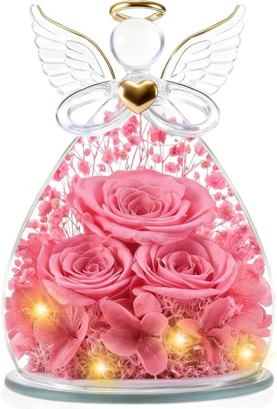 Glazen engel - Geconserveerde roos - Cadeau geven - Eeuwige bloem - 14 x 14 x 19 cm - Roze