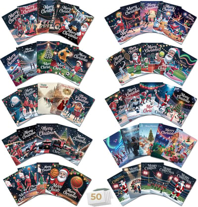 Inspra Studio – Luxe Kerstkaarten met Enveloppen – 50 Stuks – Complete Sport Wenskaarten Set – Artistieke Sportieve Illustraties met Winterse Sfeer