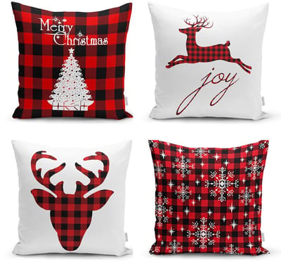 Zethome - Kussenhoes Kerstpatroon - 43x43 cm - Set 4 Pieces - Kussenhoezen - Dubbelzijdig bedrukt - Christmas - Kerstdecoratie - Kerstversiering -