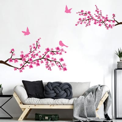 Muurstickers - 2 Japanse kersenbloesemtakken en 3 vogels - Transparante achtergrond - 30x40cm