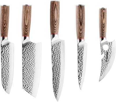Dastium Home - 5 Delige Hamerpatroon Messenset - Damascus Stijl Japanse Keukenmessen - Messen Met Damascus Print - Met Ergonomisch Pakkahouten Handvat - Koksmes - Nakirimes - Santokumes - Universeel mes - Slagersmes
