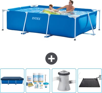 Intex Rechthoekig Frame Zwembad - 260 x 160 x 65 cm - Blauw - Inclusief Afdekzeil - Onderhoudspakket - Zwembadfilterpomp - Solar Mat