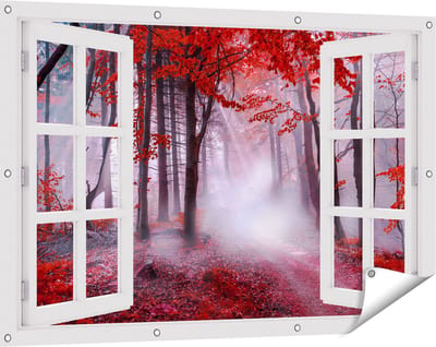 Gards Tuinposter Doorkijk Rood Bos met Bomen - 120x80 cm - Tuindoek - Tuindecoratie - Wanddecoratie buiten - Tuinschilderij