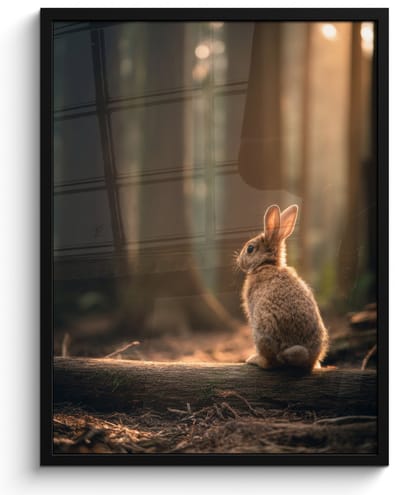 Poster in lijst - Fotolijst 60x80 cm - Posters - Konijn - Bos - Zonnestralen - Posterlijst zwart - Decoratie - Wanddecoratie woonkamer - Muurdecoratie slaapkamer