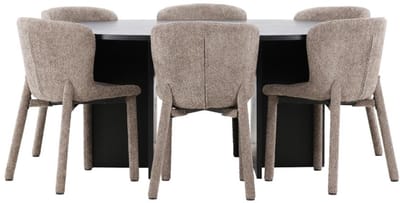 Strada eethoek uittrekbare tafel Ø120cm, 170cm en 6 stoelen zwart, bruin.