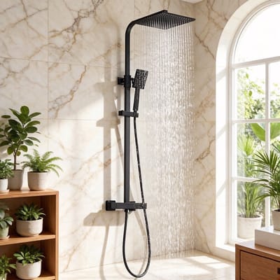 Auralum max Douchesysteem met Thermostaatkraan - 10 inch Douchekop - Regendouche en Handdouche - Verstelbare Hoogte 82-125 cm - Waterbesparend - Mat Zwart