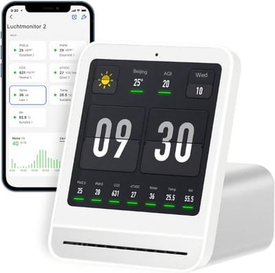 Luxe CO2 Meter –Binnen – CO2 Melder – Luchtkwaliteitsmeter – Luchtvochtigheid – CO2 Monitor – WiFi Ondersteuning – Met App – Wit