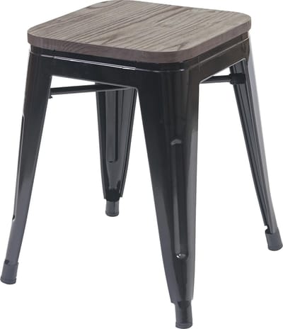 Kruk MCW-A73 incl. houten zitting, metalen kruk zitting kruk, metaal industrieel ontwerp stapelbaar ~ zwart