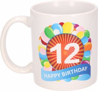 12 jaar Verjaardag koffiemok - cadeau beker - feestelijke ballonnen print - 300 ml - keramiek - wit